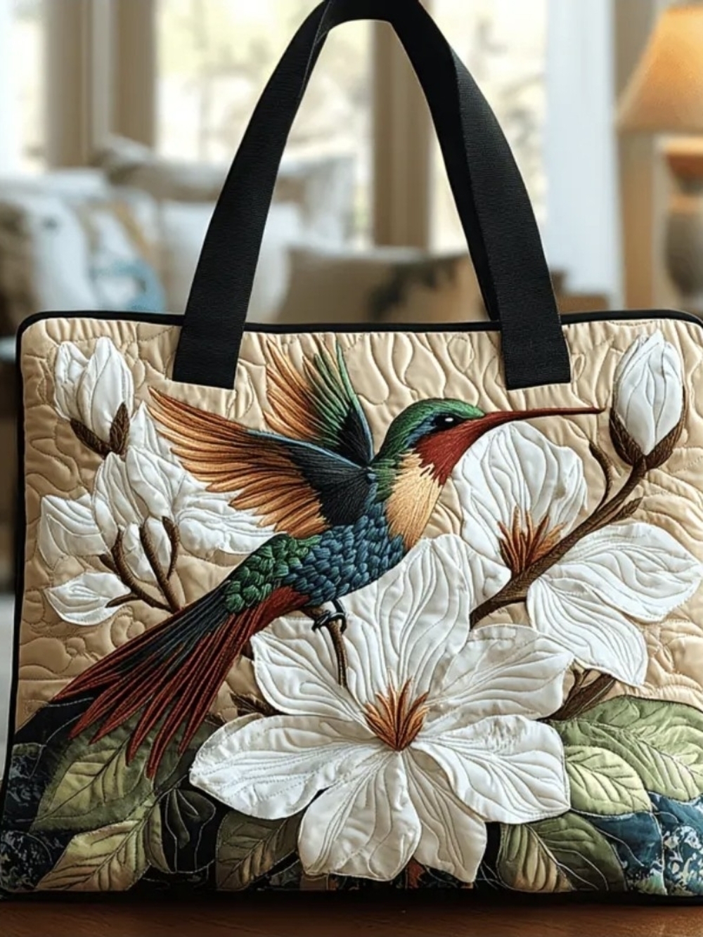 Quilted Hummingbird Tote Bag in Multicolor